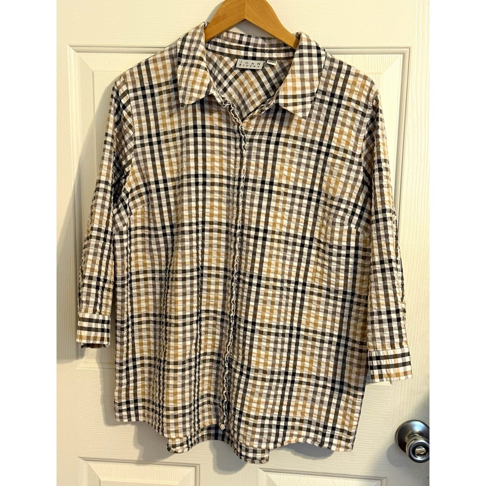 Joan Rivers XL  Preppy  Fall Beige White Black Plaid Button-Down Top 3/4 Sleeve